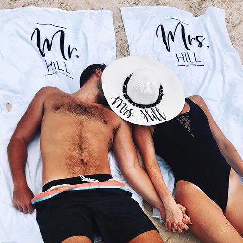 Personalized Modern Mr. and Mrs. Beach Towel - Custom Newlywed Honeymoon Gifts