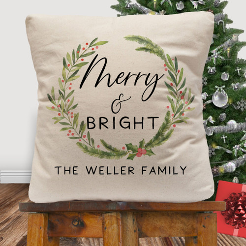 Personalized Merry & Bright Christmas Throw Pillow Cover