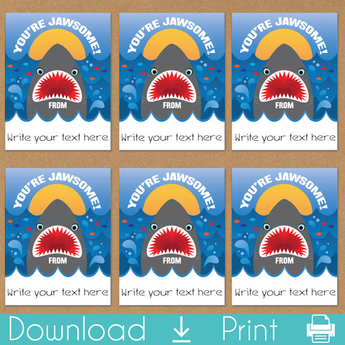 Shark Printable Valentine's Day Cards - Instant Download Valentines for Kids - Childrens Classroom Valentine Cards for School Valentine's Day Party - Digital File to Print at Home - Toddler Boys Valentines - You're Jawsome Shark Cards