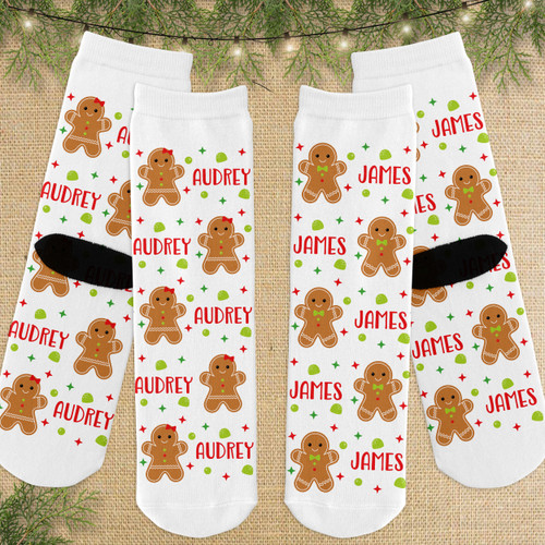 Custom Kids Christmas Socks - Gingerbread Cookie Pattern Socks for Children - Toddler Holiday Socks