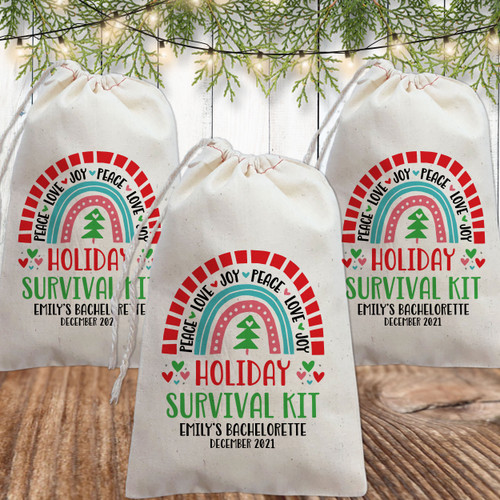 Mod Rainbow Personalized Holiday Survival Kit Bags - Christmas Party Favor Bags - Personalized Holiday Recovery Kit Bags - Canvas Drawstring Gift Bags