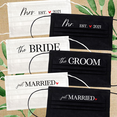 Disposable Face Mask Set: Modern Just Married Wedding Masks for Bride & Groom/Newlyweds/Honeymoon