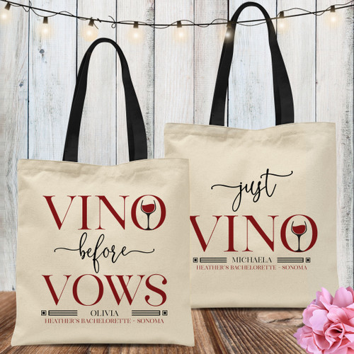 Wine Bachelorette Party Custom Tote Bags - Personalized Wine Theme Bags Vino Before Vows  + Just Vino - Wine Tasting Bridal Shower Favors