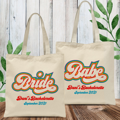 Retro Rainbow Bachelorette Party Bags - Custom Tote Bags for Bride and Babe - Personalized Canvas Tote Bags - Lesbian Bachelorette Party Gifts - Gay Wedding Celebration