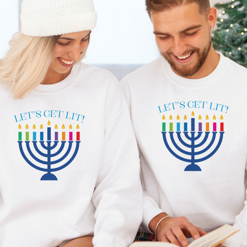 Let's Get Lit Funny Hanukkah Sweatshirt for Adults - Womens or Mens Menorah Sweater
