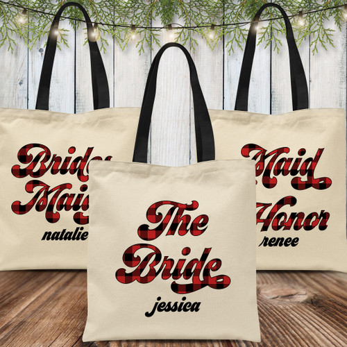 Retro Plaid Bride + Babe Custom Tote Bags - Buffalo Check Plaid Totes for Flannel Fling Bachelorette or Mountain Cabin Wedding