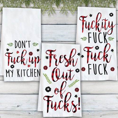 Plaid Holiday Floral Funny Tea Towels - Christmas Kitchen Towel Set