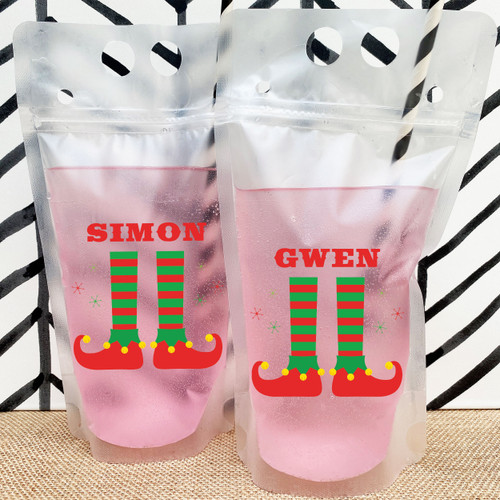 Personalized Christmas Juice Pouches for Kids with Striped Red and Green Elf Feet Design - Adult Drink Pouches - Holiday Party Favors - Custom Christmas Cups - Plastic Drink Bags with Names