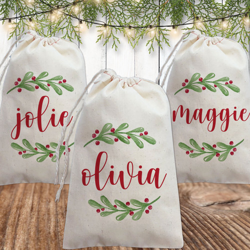 Watercolor Holly Floral Personalized Gift Bags - Custom Christmas Gift Bags - Drawstring Holiday Canvas Party Favor Bags with Names