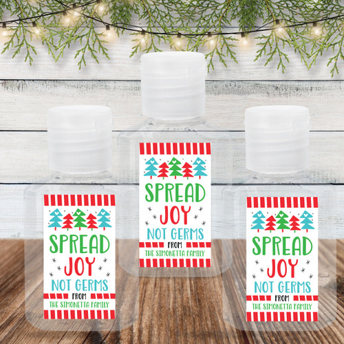 Custom Christmas Hand Sanitizer Labels & Travel Size Flip Top Bottles - Spread Joy Not Germs Personalized Holiday Favor Stickers for Sanitizers