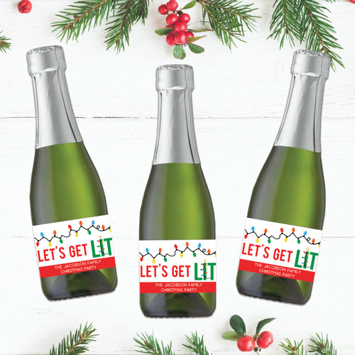 Let's Get Lit Christmas Mini Champagne Labels - Custom Stickers for Mini Bottles of Champagne or Prosecco - Adult Holiday Party Supplies