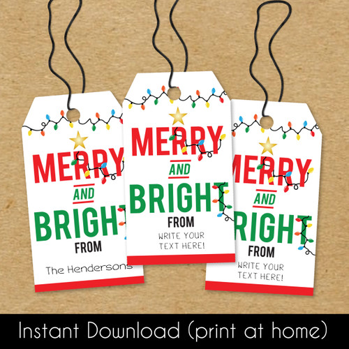 Printable Merry & Bright Christmas Gift Tags (Instant Download) - Digital File to Print at Home - Holiday Tags + Gift Wrap To and From Paper Labels