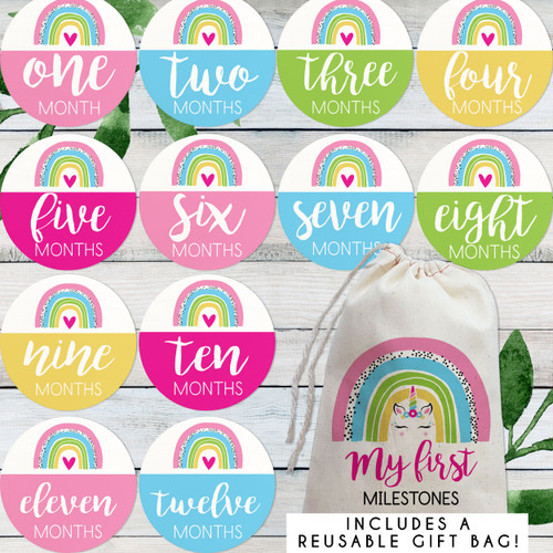 Wood Monthly Milestone Markers for Baby Girl - Newborn Girl Photo Props - Rainbow Unicorn Baby Month Circles - Photo Cards for Baby's First Year - Wood Round Baby Milestone Set