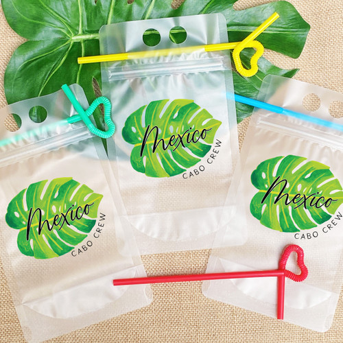 Tropical Monstera Leaf Custom Drink Pouches - Personalized Zip Top Plastic Drink Bags with Green Jungle Palm Leaf - Tropical Birthday Party Favors for Adults