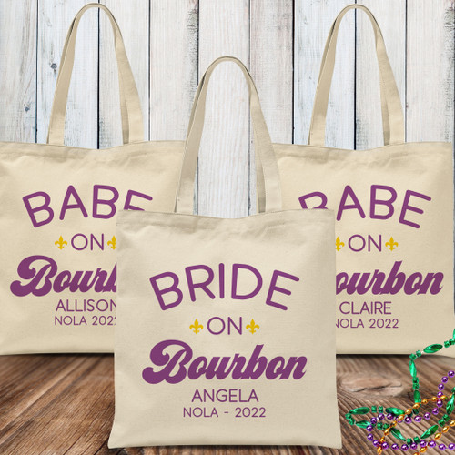 Bride On Bourbon Personalized New Orleans Tote Bag for Bride to Be - New Orleans NOLARette - NOLA Bachelorette Party Bags - New Orleans Bride Bag - New Orleans Bridal Shower Gift Bags - NOLA Girls Trip Bags