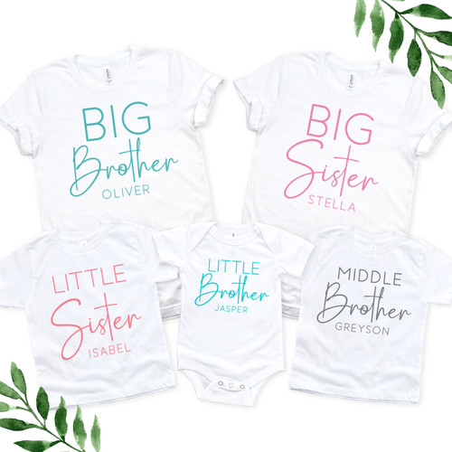 Custom Sibling Shirts - Personalized Big Sister Little Sister Outfits - Personalized Big Brother Little Brother Outfits  - Middle Brother Shirt - Middle Sister Shirt - Baby Reveal Photo Outfits for Kids - Pregnancy Announcement Shirts