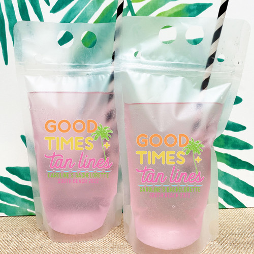 Good Times + Tan Lines Custom Drink Pouches - Beach Drink Bags for Adults - Personalized Zip Top Wine Pouches for Beach Party