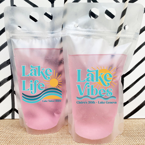 Lake Vibes + Lake Life Custom Drink Pouches for Lake Bachelorette Party - Personalized Drink Pouches for Lake Party Favors - Adult Juice Pouch with Name - Zip Top Plastic Boat Cup - Lake Decorations