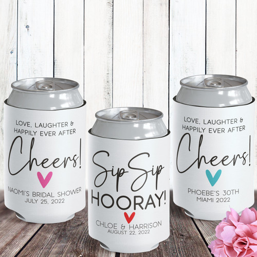 Custom Wedding Can Cooler Favors - Sip Sip Hooray! - Minimalist Wedding Favors - Custom Can Sleeves - Bulk Wedding Can Cozies - Personalized Insulated Can Hugs