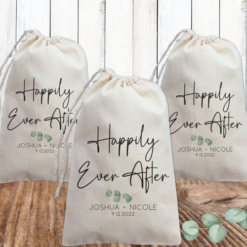 Eucalyptus Wedding Favor Bags - Happily Ever After Wedding Favor Bags - Customized Wedding Favor Bags for Guests - Personalized Wedding Welcome Gift Bags - Modern Greenery Wedding Favors - Canvas Fabric Drawstring Favor Bags