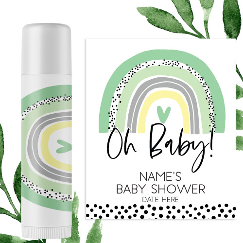 Baby Shower Favors - Green and Gray Boho Rainbow Baby Shower Supplies - Baby Shower Lip Balm  - Custom Lip Balm Labels - Personalized Chapstick Labels - Custom Bulk Lip Balm Stickers - Vanilla Lip Balm