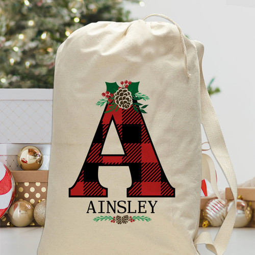 Plaid and Pinecone Personalized Santa Sack - Large Canvas Drawstring Gift Bag for Christmas - Large Reusable Gift Bag