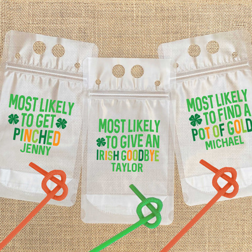 St. Patrick's Day Most Likely To Drink Pouches - Adult Party Favors - Custom Drink Bags  - Personalized Wine Pouches - Adult Juice Pouch with Names - Funny St. Patrick's Day Party Cups - Plastic Zip Top Drink Bags