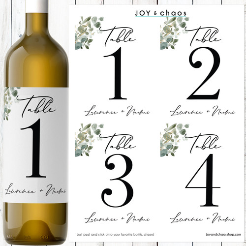 Eucalyptus Wedding Table Number Wine Labels