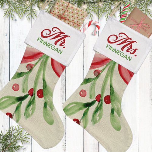 Watercolor Mistletoe Mr. + Mrs Stockings