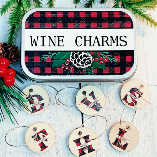 Plaid Pinecone Monogram Wine Charms