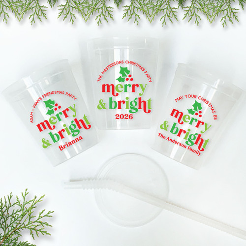 Retro Merry & Bright Christmas 16oz Clear Cups