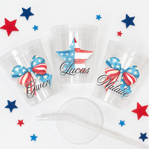 4th of July Bow and Stars 16oz Clear Cups