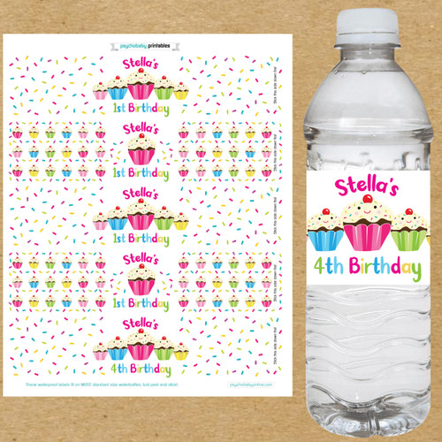 Sweet Sprinkle Cupcake Custom Birthday Water Bottle Labels