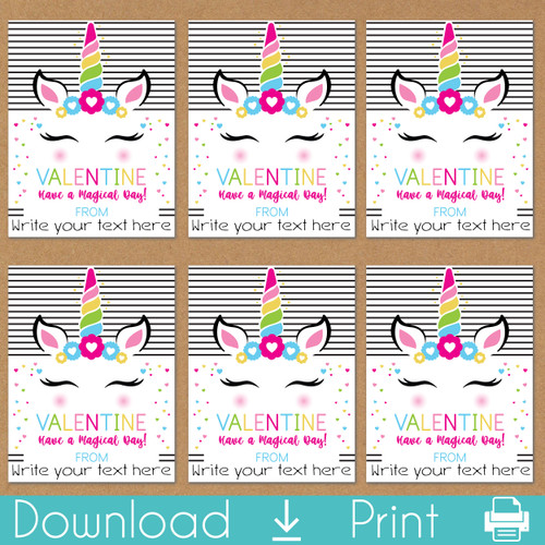 Rainbow Unicorn Printable Valentine's Day Cards for Girls - Instant Download Valentines for Kids - Childrens Classroom Valentine Cards for School Valentine's Day Party - Digital File to Print at Home - Toddler Girl Valentines - Magical Fantasy Theme Cards with Pink Unicorn