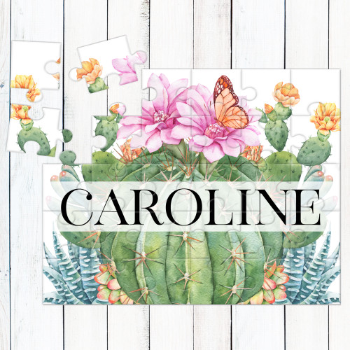 Personalized Kids Puzzles for Girls with Cactus Flower + Butterfly 