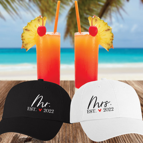 Mr. & Mrs. est. year Baseball Hats - Matching Newlywed Hats for Honeymoon - 2023 Wedding Gift for Couple - His and Hers Honeymoon Hats