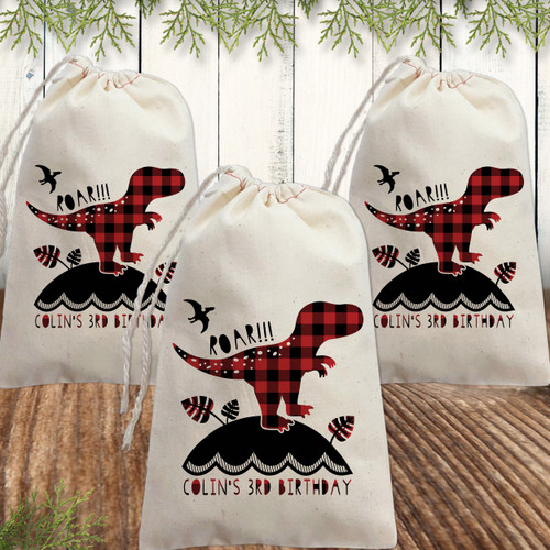 Plaid Dinosaur Personalized Birthday Party Favor Bags - Personalized Dinosaur Party Supplies +  Kids Plaid Birthday Decorations