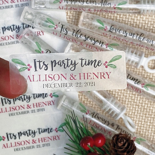 Custom Christmas Wedding Bubble Favor Labels  - Clear Custom Stickers for Bubble Wands & Tubes -  Bubble Favors for Holiday Wedding