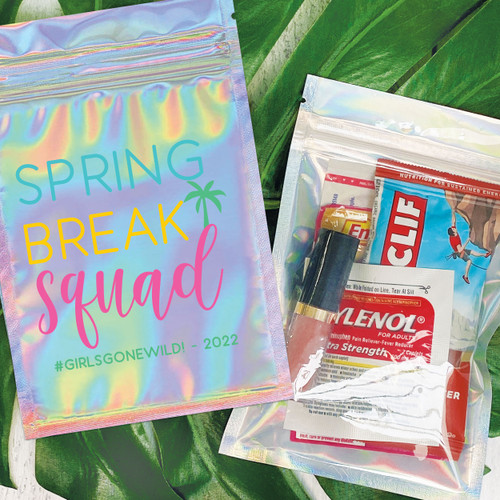 Spring Break Squad Favor Bags - Spring Break Goodie Bags - Spring Break Hangover Kit Bags - Spring Break Gift Bags - Spring Break Party Favor Bags - Holographic Bags with Hot Pink, Yellow, Blue, and Green Palm Tree Design