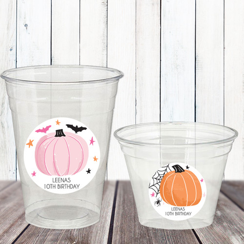 Pink Pumpkin Halloween Party Favor Labels - Custom Halloween Stickers - Waterproof Cup Stickers for Adult Halloween Party 