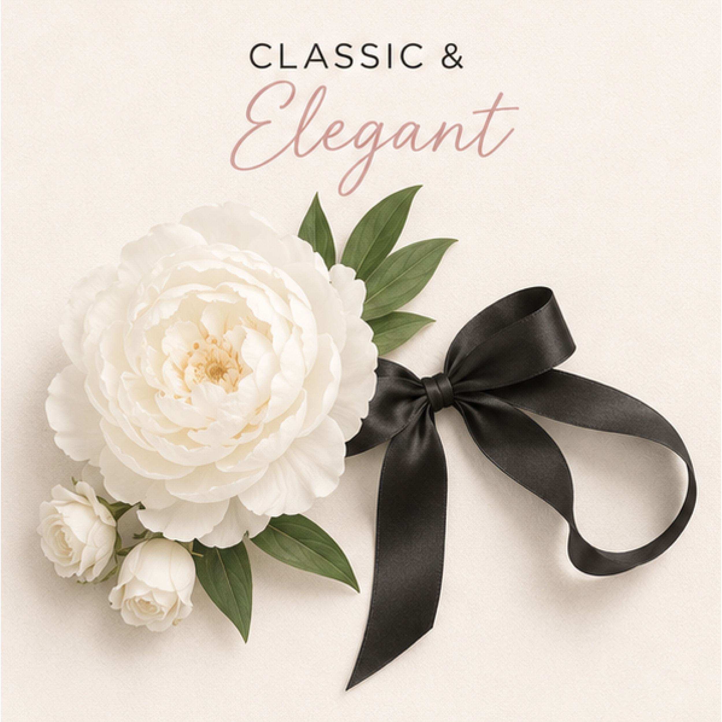 Classic and elegant wedding style with white flowers and black ribbon