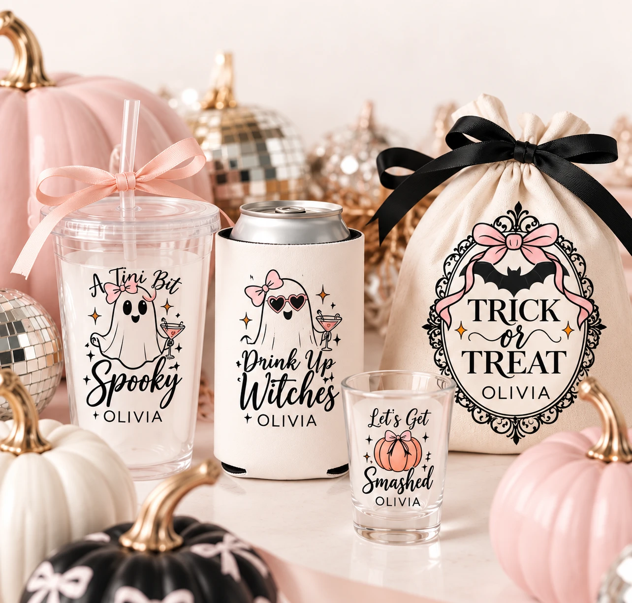 Personalized Halloween trick-or-treat bag, party cup, can cooler and shot glass