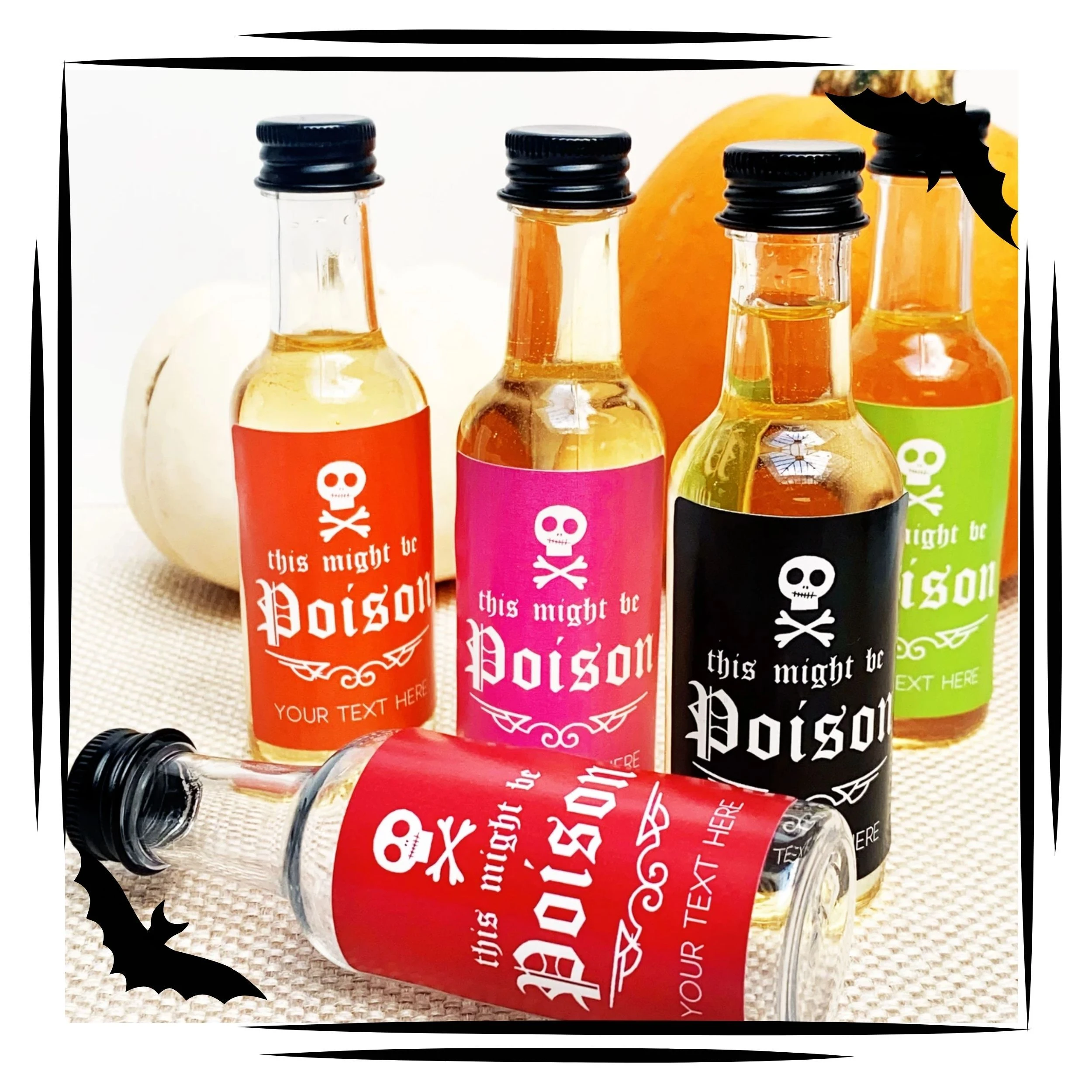 Personalized Halloween party favors including bags and drinkware