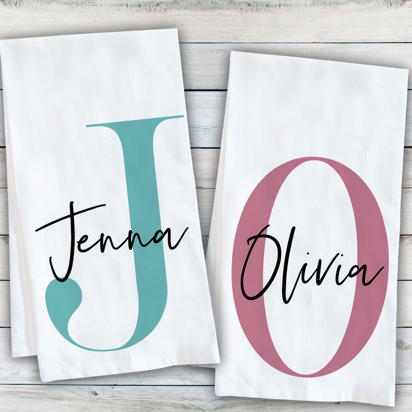 Personalized tea towels and aprons styled in a warm kitchen