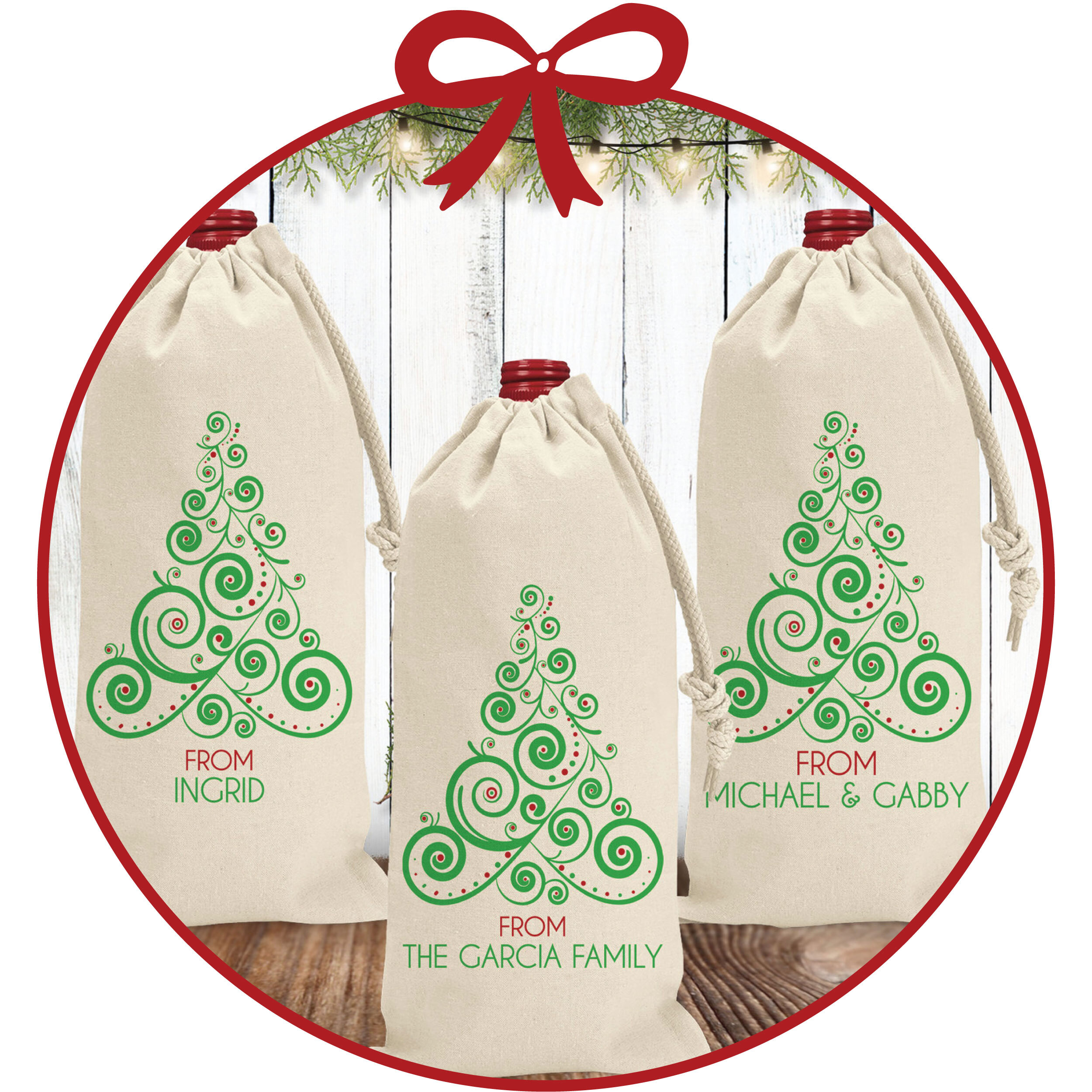 Personalized Christmas wine bags and labels