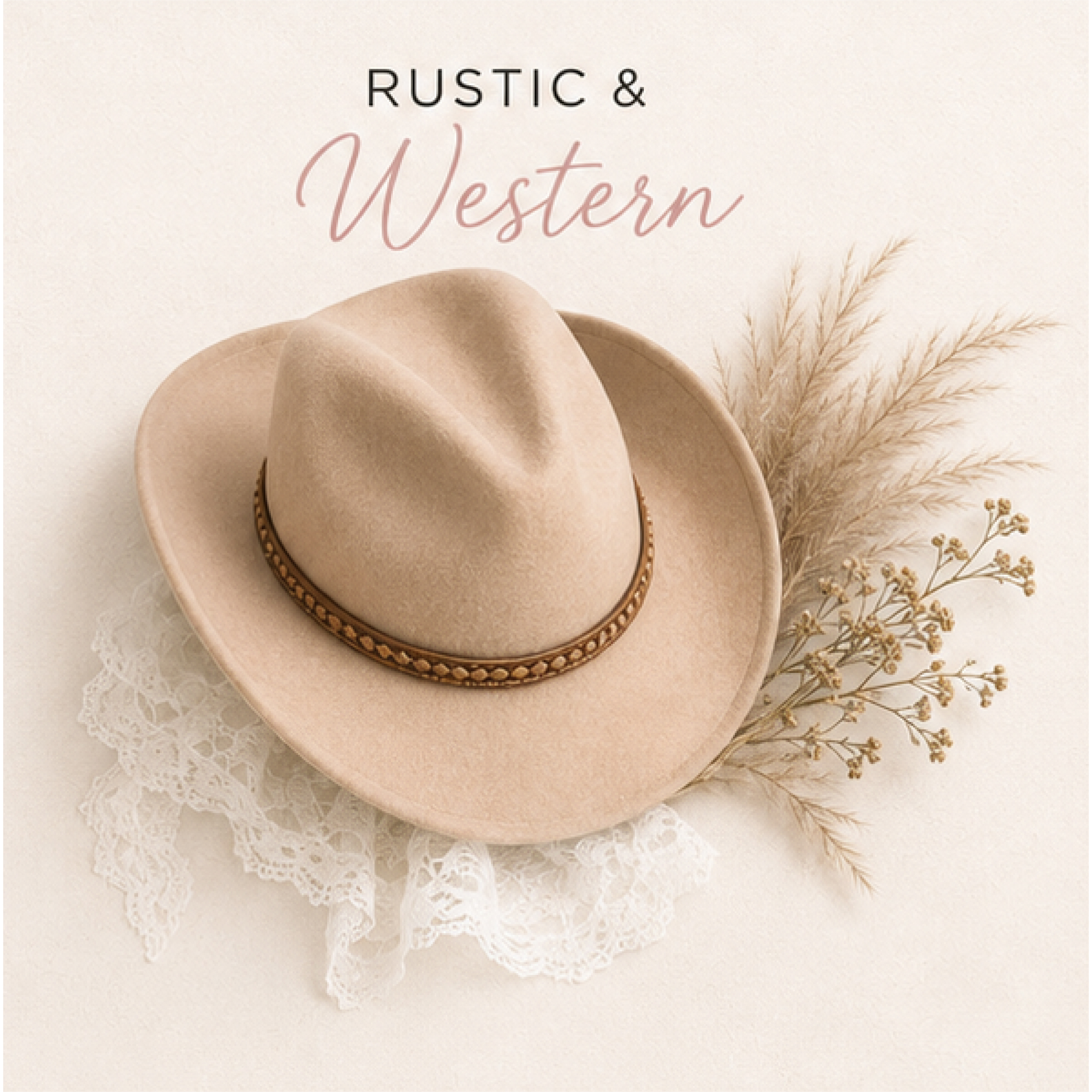 Rustic and western wedding style with neutral cowboy hat and dried florals