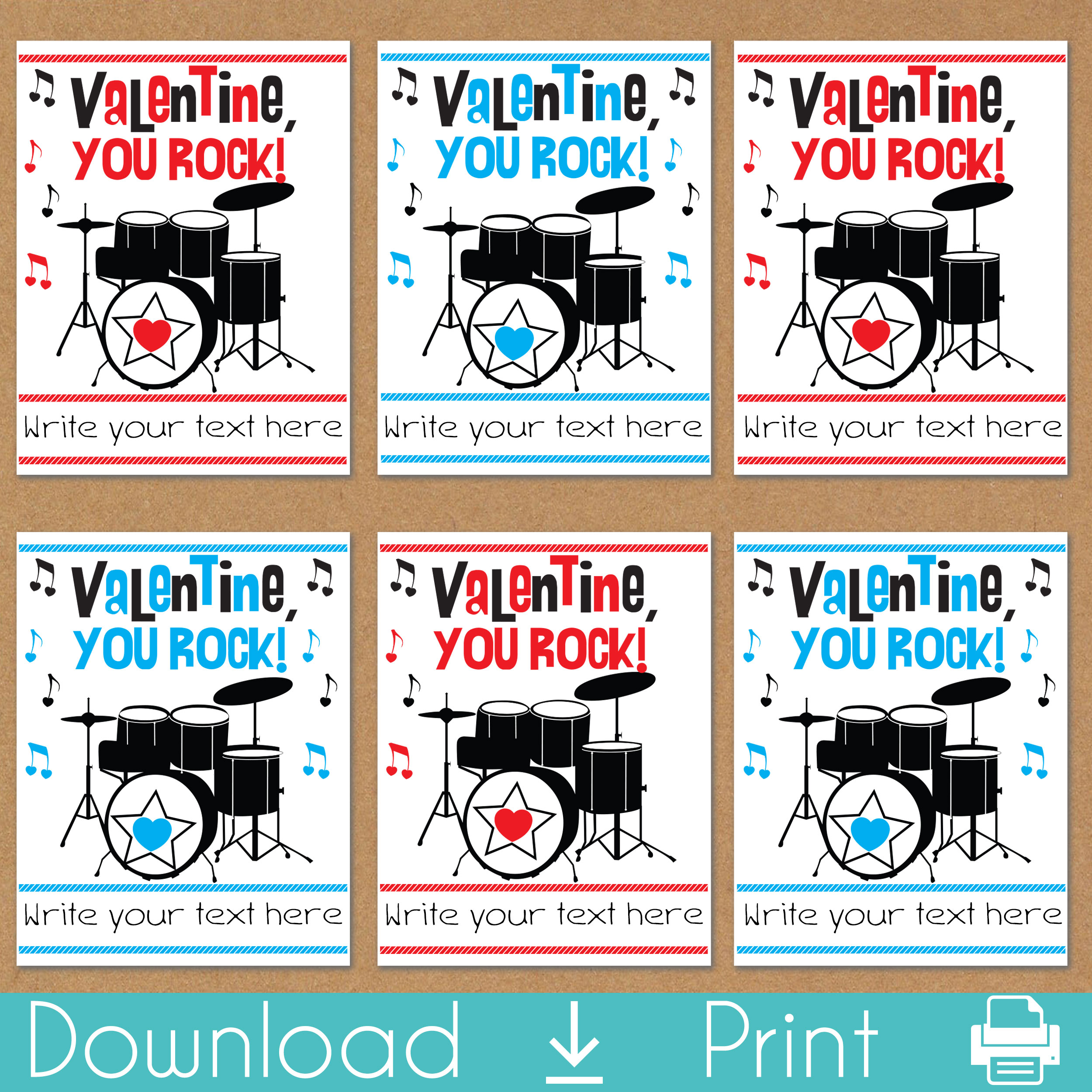 Drum Superstar Printable Valentine's Day Cards (Instant