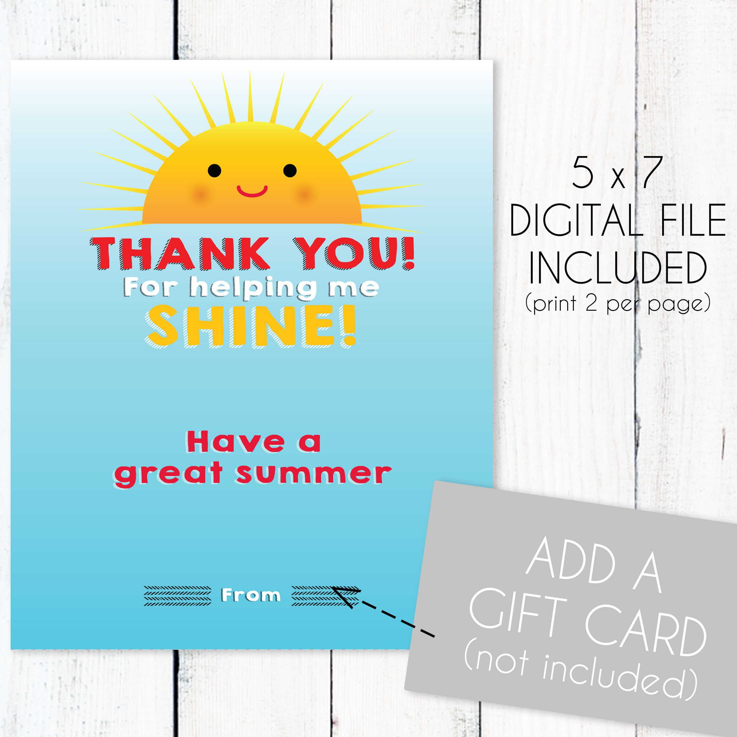 Summer Teacher Thank You Printable Gift Card Holder Instant Download