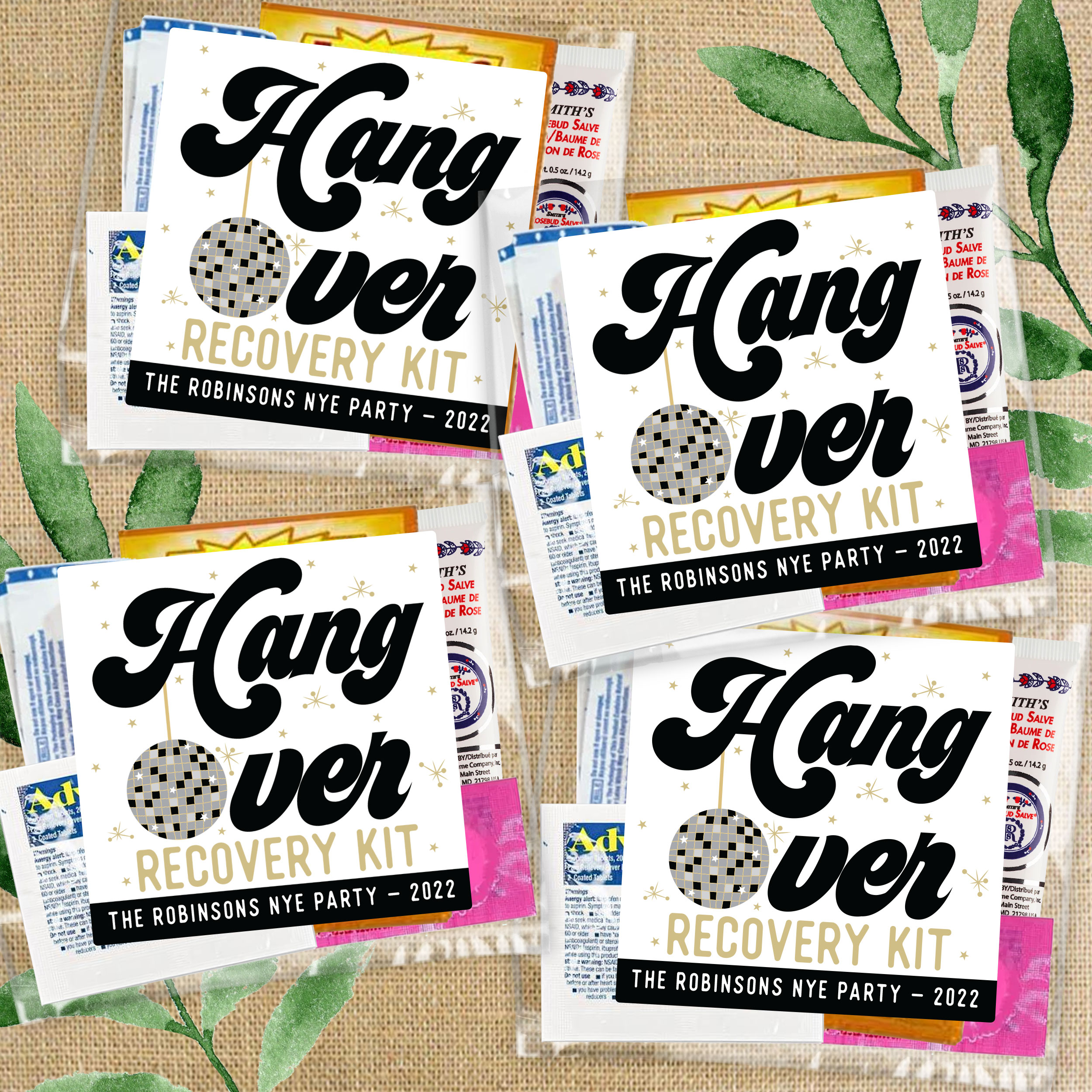Retro New Years Eve Hangover Kit Favor Labels