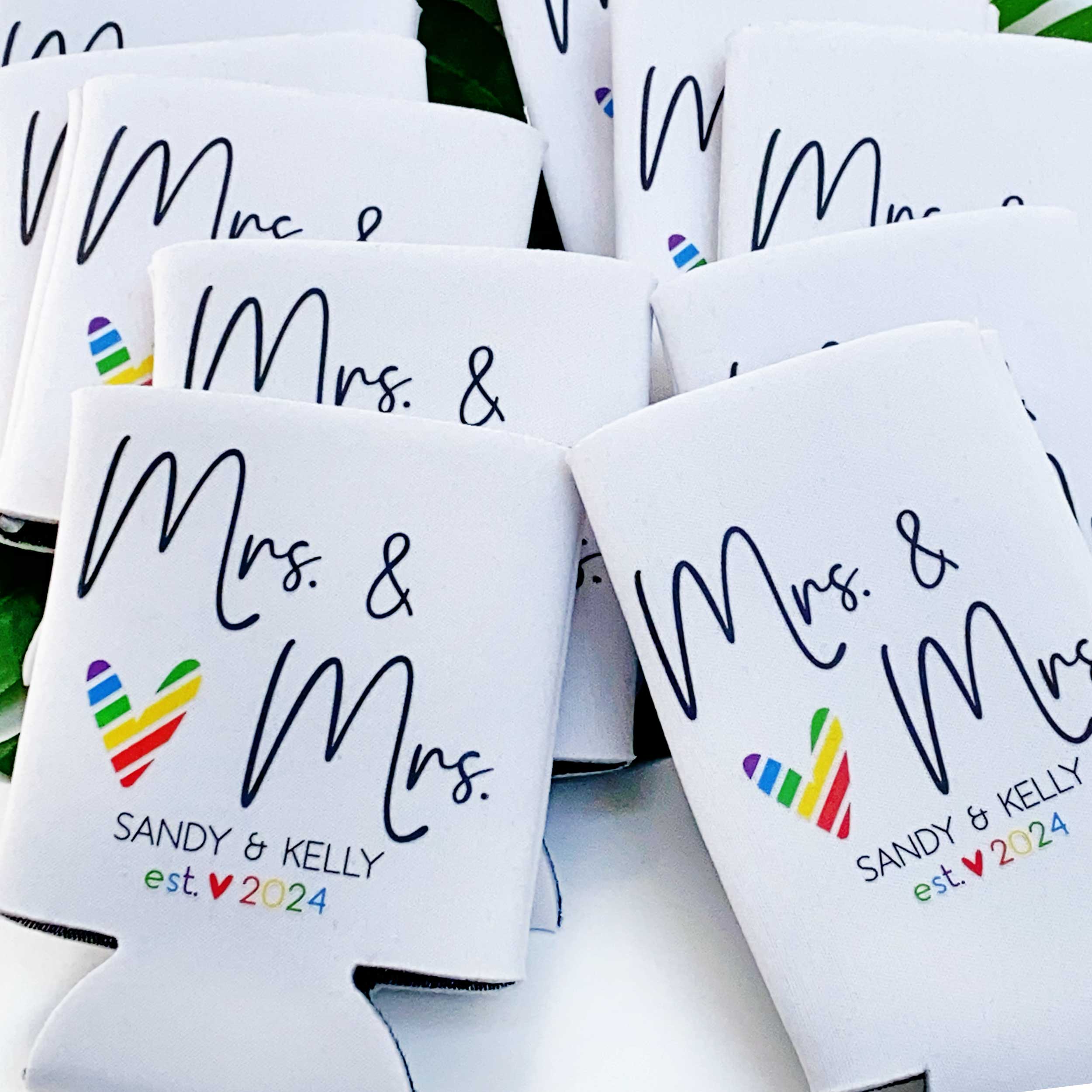 Rainbow Heart Custom Wedding Can Coolers